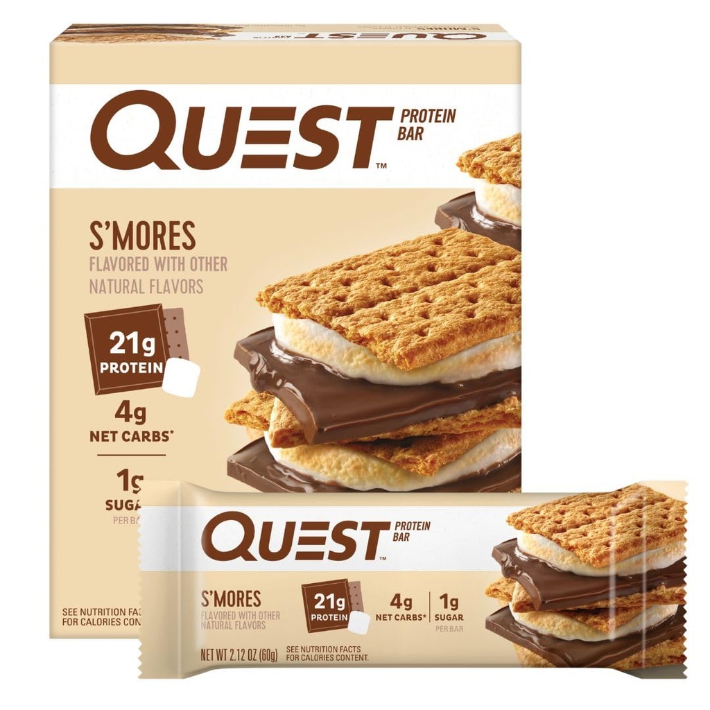 Quest Nutrition S'mores Protein Bar, 21g Πρωτεΐνη, 4g Καθαρά υδατάνθρακες, 1g Ζάχαρη, Χωρίς γλουτένη, Κίτο Φιλικό, 4 μέτρα