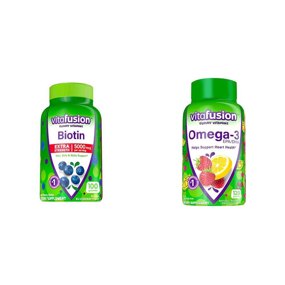 Vitafusion Extra Strength Biotin Gummy Vitamins, Berry Flavored, 5,000 mcg Βιοτίνη Βιταμίνες, Αμερική’ & Omega-3 Gummy Βιταμίνες, Berry Lemonade Γεύση, Υγεία της καρδιάς Βιταμίνες(1)