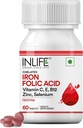 INLIFE Chelated Iron Folic Acid Supplement with Vitamin C, E, B12, Zinc & Selenium for Men Women - 60 Tablets