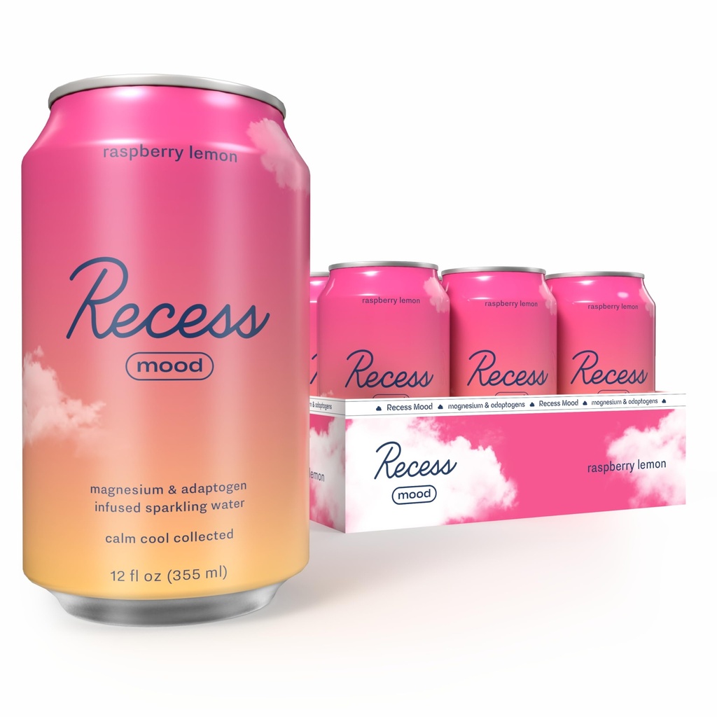 Recess Mood Magnesium & Adaptogen Drink, Calming Relaxation Beverage, 12 Ounce (Raspberry Lemon, 12 Pack)