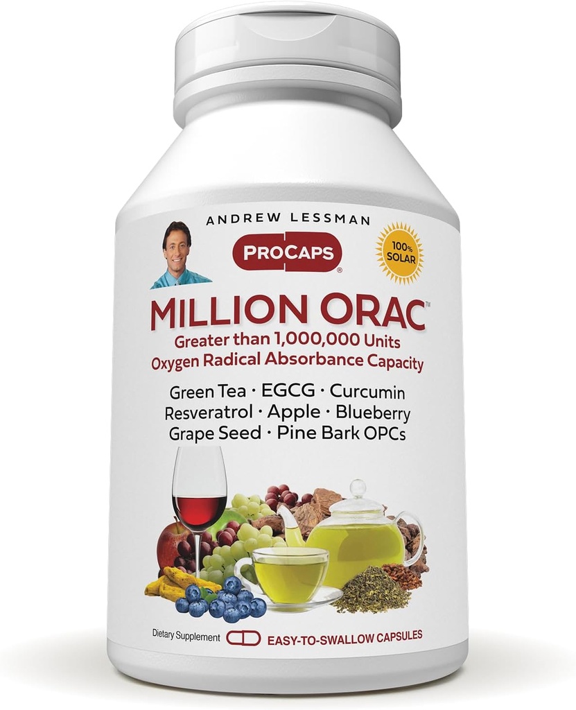 ANDREW LESSMAN Million Orac 240 Κάψουλες - Παραδίδει συμπυκνωμένα τυποποιημένα φυτικά εκχυλίσματα. Ισχυρές Αντιοξειδωτικές και Προστατευτικές Ενώσεις. Εξουδετερώνει τη φθορά των ελεύθερων ακτινών, χωρίς πρόσθετα