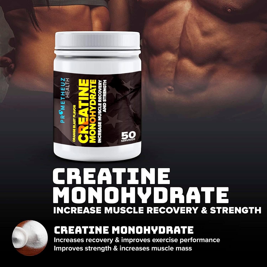 PrometheuzHealth Creatine Monohydrate – Increase Muscle Recovery and Strength for Men and Women, Hydrates Muscles and Joints | Orange Blast Flavor, 50 Servings