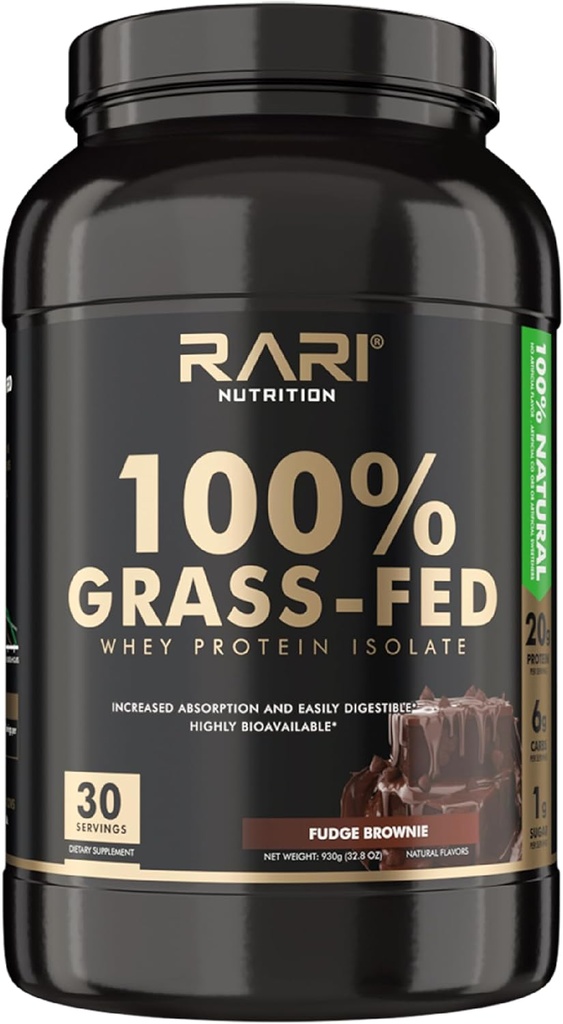 Whey Protein Isolate Powder - 100% Grass Fed, 20g Protein, 5g BCAAs, 20 Servings, Fudge Brownie Flavor