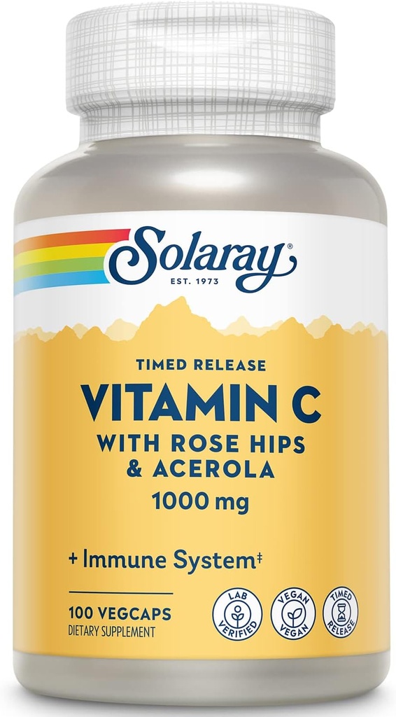 SOLARAY Vitamin C 1000mg - Time Release Vitamin C Capsules w/Rose HIPS and Acerola for Bioflavonoid Support - Two-Stage, All-Day Immune Support - Vegan, 60 Day Guarantee, 100 Servings, 100 VegCaps