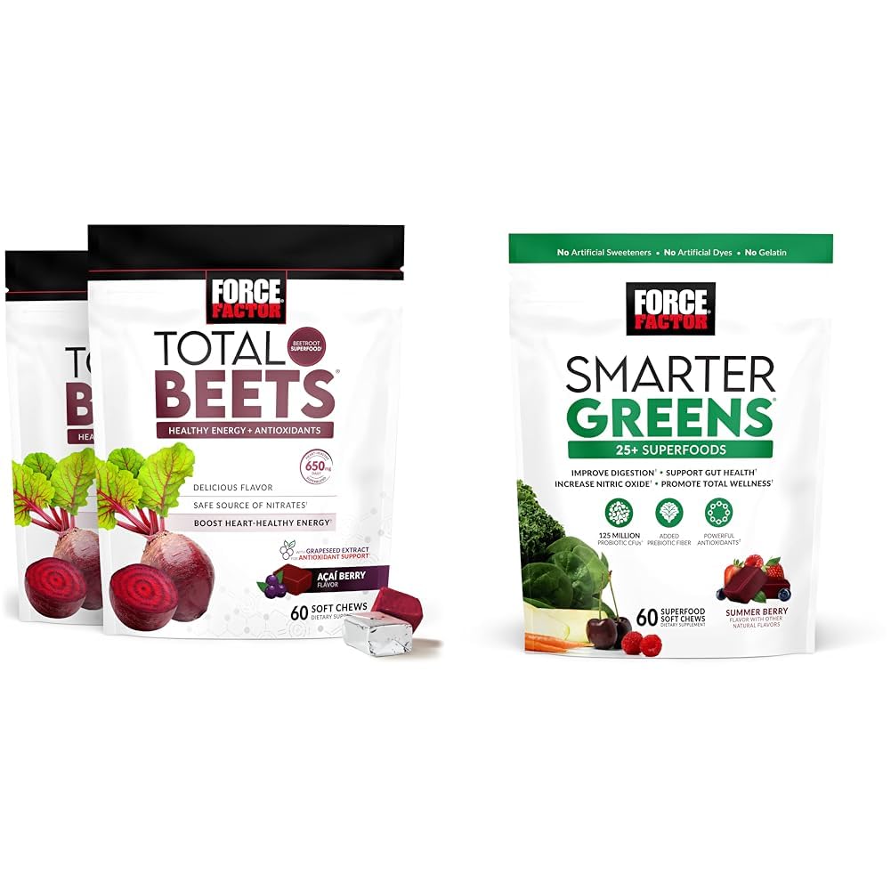 Force Factor Total Beets Soft Chews with Beetroot, Grapeseed Extract, Antioxidants, Nitrates, L-Citrulline, 120 Count, 2-Pack και Smarter Greens Superfood Chews with 25+ Superfoods, Probiotics, Antioxidants, and Fiber, 60 Count