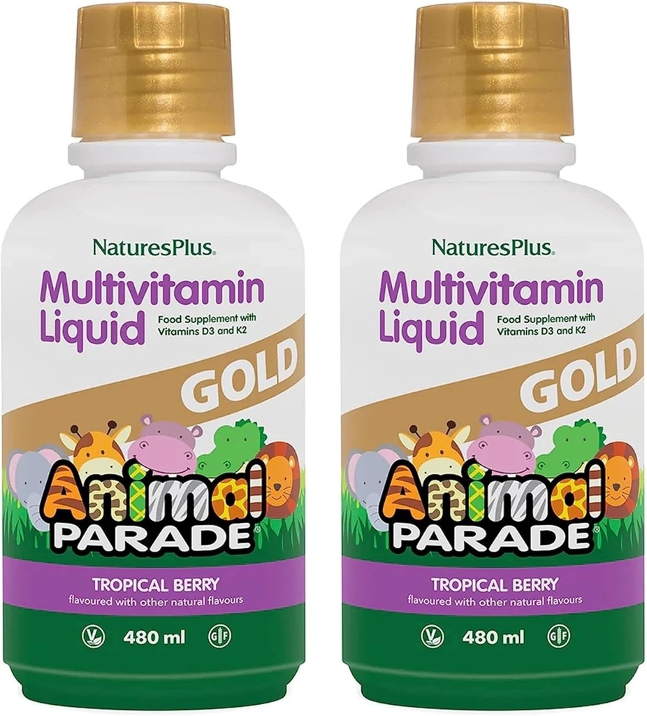 NaturesPlus Ζωική Παρέλαση Χρυσό Παιδική Υγρή Πολυβιταμίνη - 16 fl oz, Συσκευασία των 2 - Φυσικό Τροπικό άρωμα μούρου - Χωρίς γλουτένη, Vegan - 64 Σύνολο Υπηρεσίες