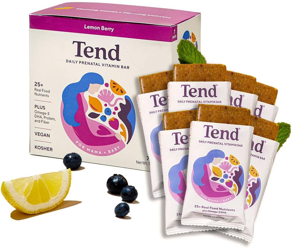 Tend Daily Best Prenatal Vitamin Bar, Φτιαγμένο με οργανικά συστατικά για Έγκυες & Επιλόχειες Μητέρες, Περιλαμβάνει DHA, Βιταμίνη D, B, Χολίνη, Folate - Lemon Berry (7ct)