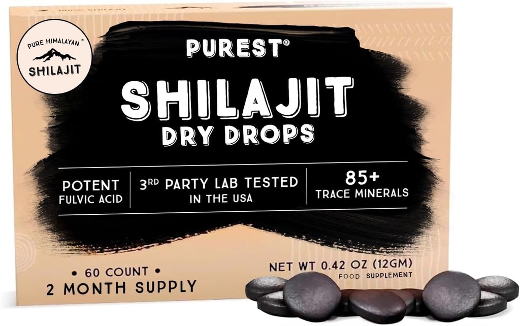Αμιγείς ξηρές σταγόνες Shilajit των Ιμαλαΐων, 100% καθαρό φυσικό σιλατζίτ, βαθμός Α, μέγιστη ισχύς 85+ καθαρό ανθρακικό ορυκτό & Fulvic οξύ για την ενέργεια, το μεταβολισμό και το ανοσοποιητικό συμπλήρωμα υποστήριξης για άνδρες και γυναίκες (60 tabs)