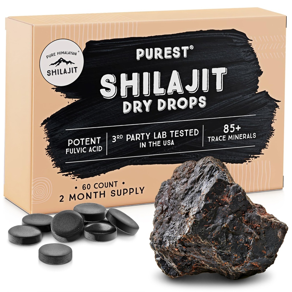 Αμιγείς ξηρές σταγόνες Shilajit των Ιμαλαΐων, 100% καθαρό φυσικό σιλατζίτ, βαθμός Α, μέγιστη ισχύς 85+ καθαρό ανθρακικό ορυκτό & Fulvic οξύ για την ενέργεια, το μεταβολισμό και το ανοσοποιητικό συμπλήρωμα υποστήριξης για άνδρες και γυναίκες (60 tabs)