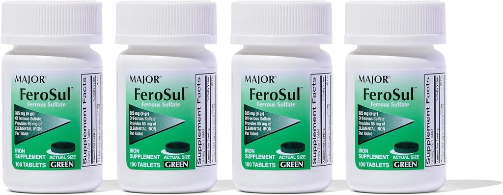 Major Ferosul - Ferrous Sulfate 325mg Tablets with 65mg of Elemental Iron - Iron Supplement for Women, Men - Green - 100 Count (4 Pack)