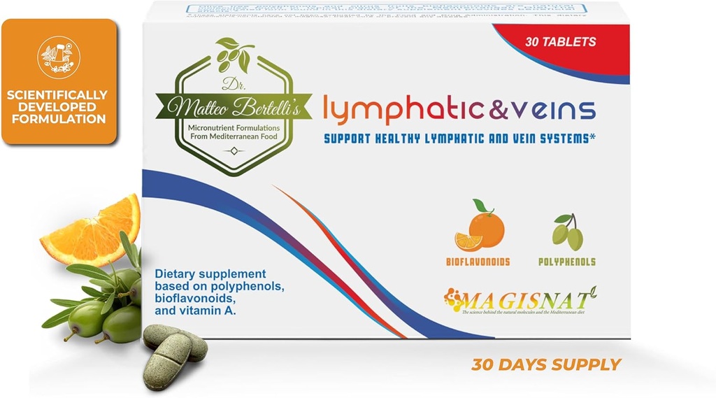 Dr. Matteo Bertelli's – Lymphatic&Veins 30 Tablets, Lymphatic Drainage Dietary Supplement with Hydroxytyrosol, Vitamin A, Hesperidin, Citrus Fruit Extract, Spermidine, for Healthy Venous and Lymphatic