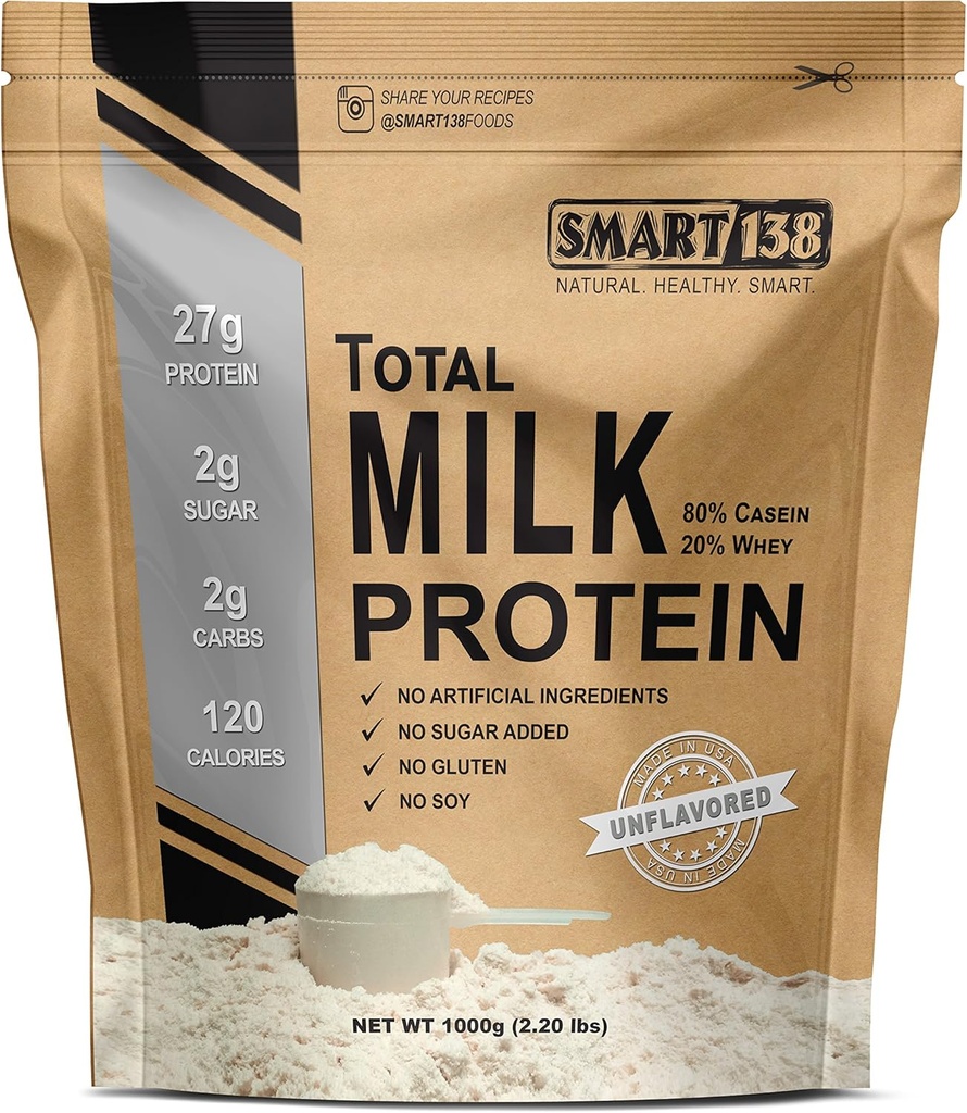 Smart138 Ολική πρωτεΐνη γάλακτος - 80% καζεΐνη 20% Whey - RBST/rBGH ορμόνη δωρεάν, χωρίς γλουτένη, χωρίς σόγια, μη-GMO, ΗΠΑ, Keto Low Carb, Φυσικό BCAAs (1000g / 2,2lbs, Χωρίς γεύση)