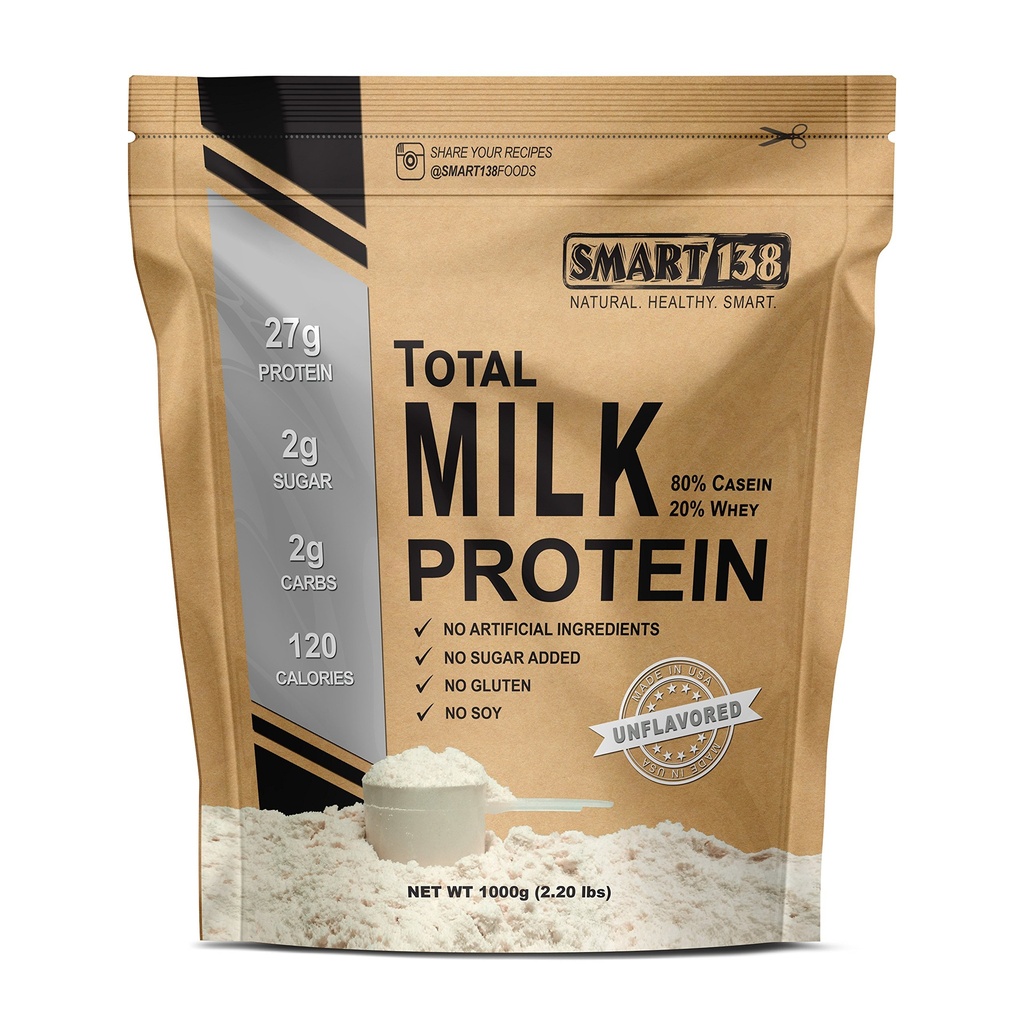Smart138 Ολική πρωτεΐνη γάλακτος - 80% καζεΐνη 20% Whey - RBST/rBGH ορμόνη δωρεάν, χωρίς γλουτένη, χωρίς σόγια, μη-GMO, ΗΠΑ, Keto Low Carb, Φυσικό BCAAs (1000g / 2,2lbs, Χωρίς γεύση)