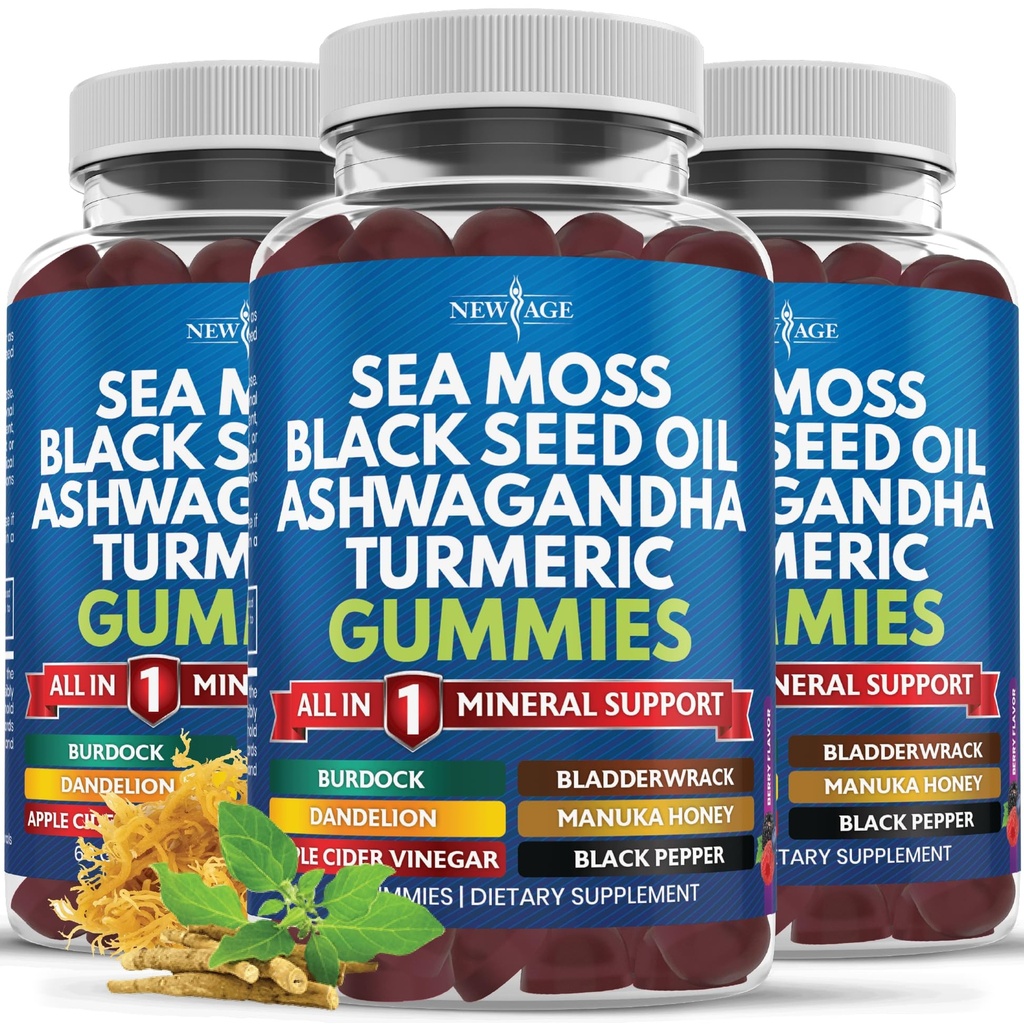 NEW AGE Sea Moss Gummies, Sea Moss, Black Seed, Ashwagandha, Turmeric, Manuka Honey, ACV, Dandelion, Black Pepper, Burdock, Bladderwrack, Vegan- 180 Count