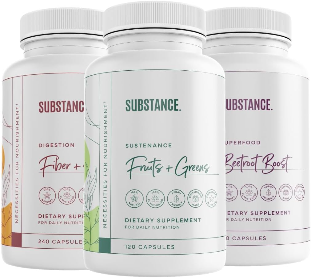 Θεαματική. 3-Pack Συνολική Wellness Bundle: Nature's Sustenance Daily Fruits & Veggies (120 Caps) + Fiber & Spices (240 Caps) + Beetroot Boost (180 Caps) - US Made, Vegan-Friendly