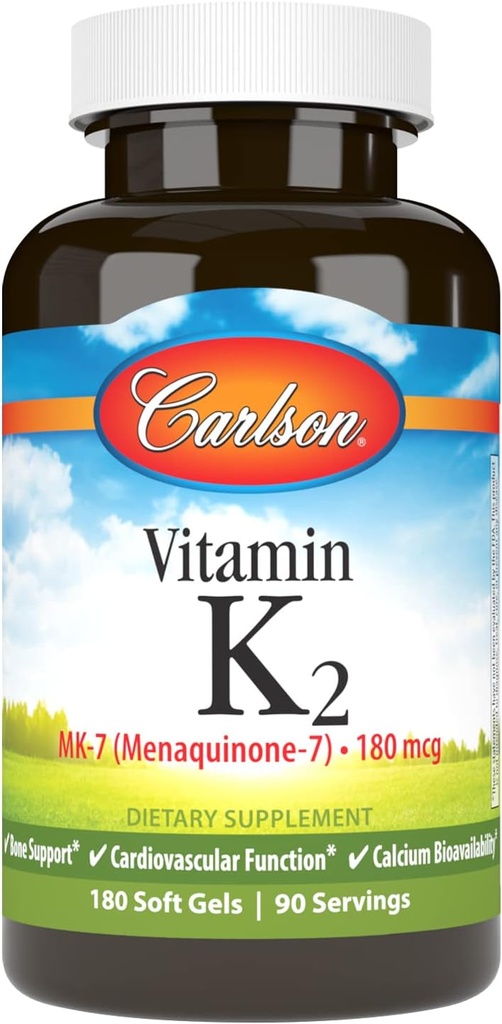Carlson - Βιταμίνη K2 MK-7 (Μενακινόνη), 180 mcg, Οστική Υποστήριξη, Βιοδιαθεσιμότητα ασβεστίου, K2 Βιταμίνη, Βιταμίνη K-2, 180 Softgels