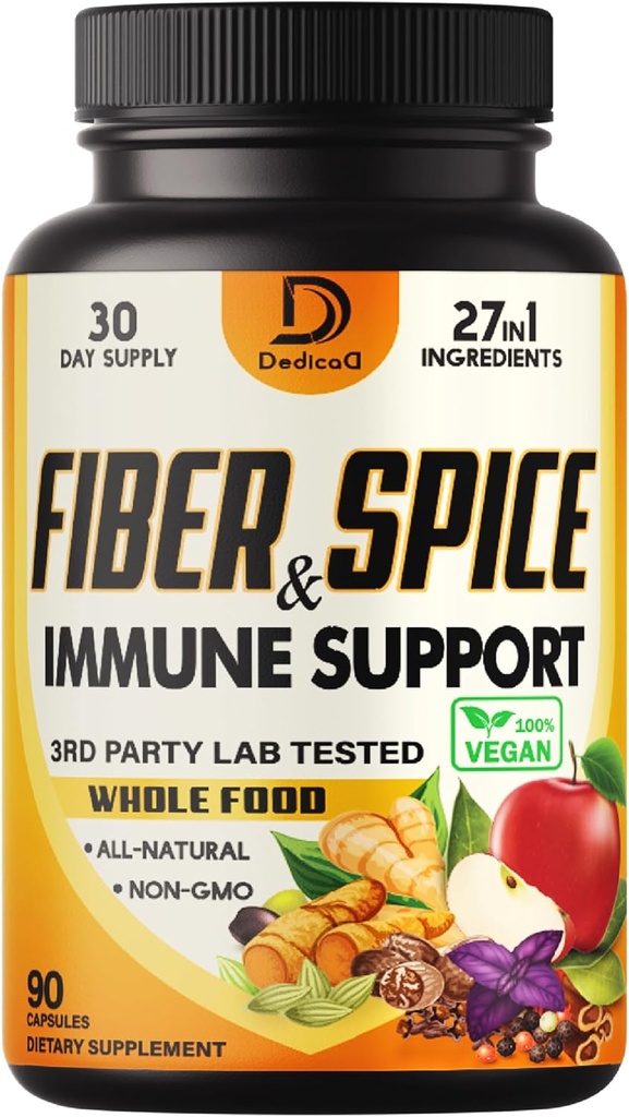 27in1 Fiber and Spice Supplement - Σε συνδυασμό με οργανικό ψύλλιο, ολόκληρο το μήλο, elderberry & More - Mood υποστήριξης, σώμα & ασυλία - 90 κάψουλες για 1 μήνα