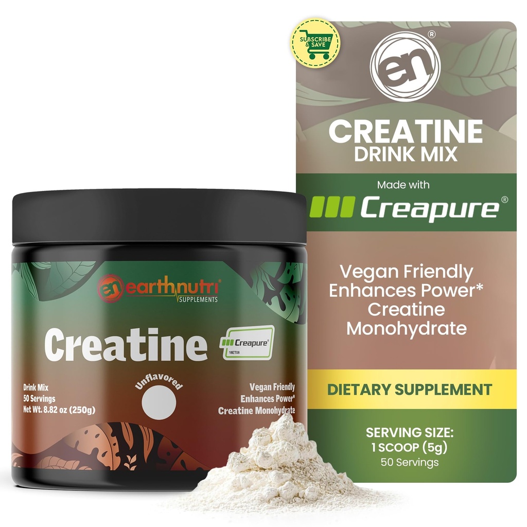 EarthNutri Creatine Monohydrate Powder - Pure Creatine Supplement for Muscle Strength, Strength & Performance – Μη ΓΤΟ, Χωρίς ζάχαρη, Πρόσθετη-Δωρεάν – για άνδρες & γυναίκες, Χωρίς γεύση 250g