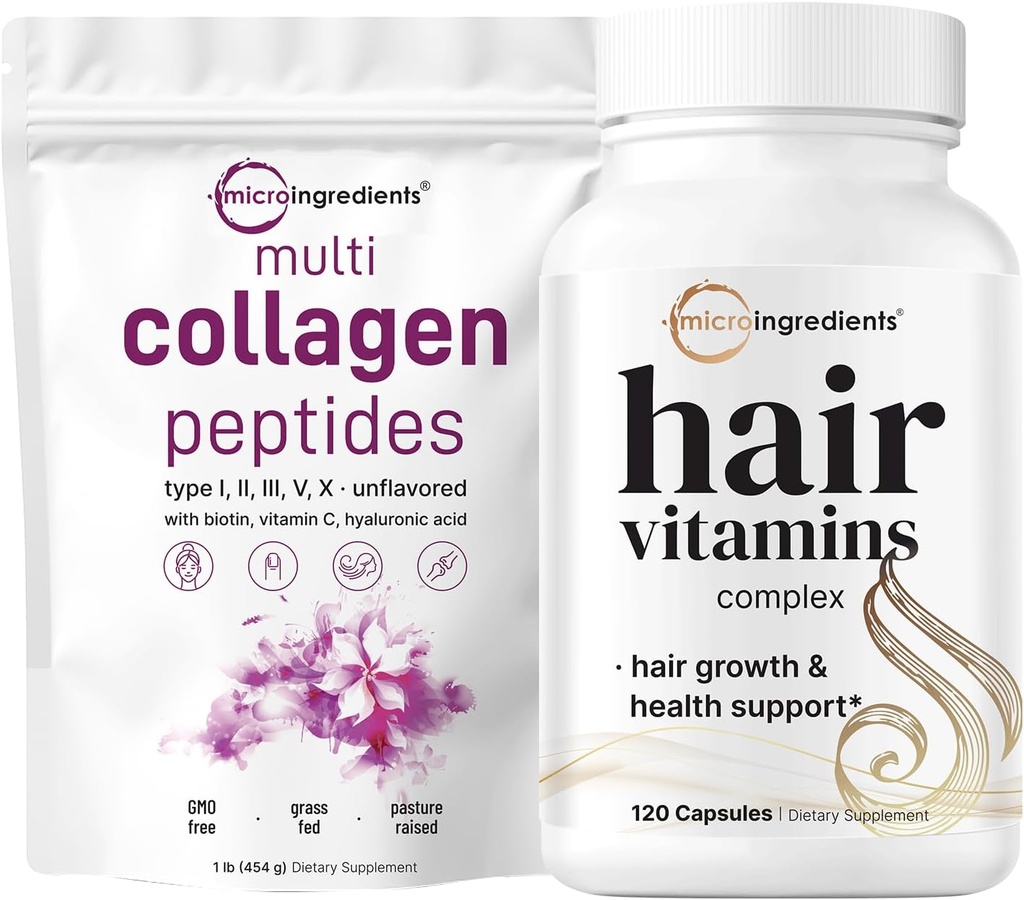 Micro Ingredients Multi Collagen Protein Powder 16oz & Hair Vitamins Complex Capsules Bundle 2 Pack | Grass-Fed Collagen Peptides | 14-in-1 Advanced Hair Growth Support