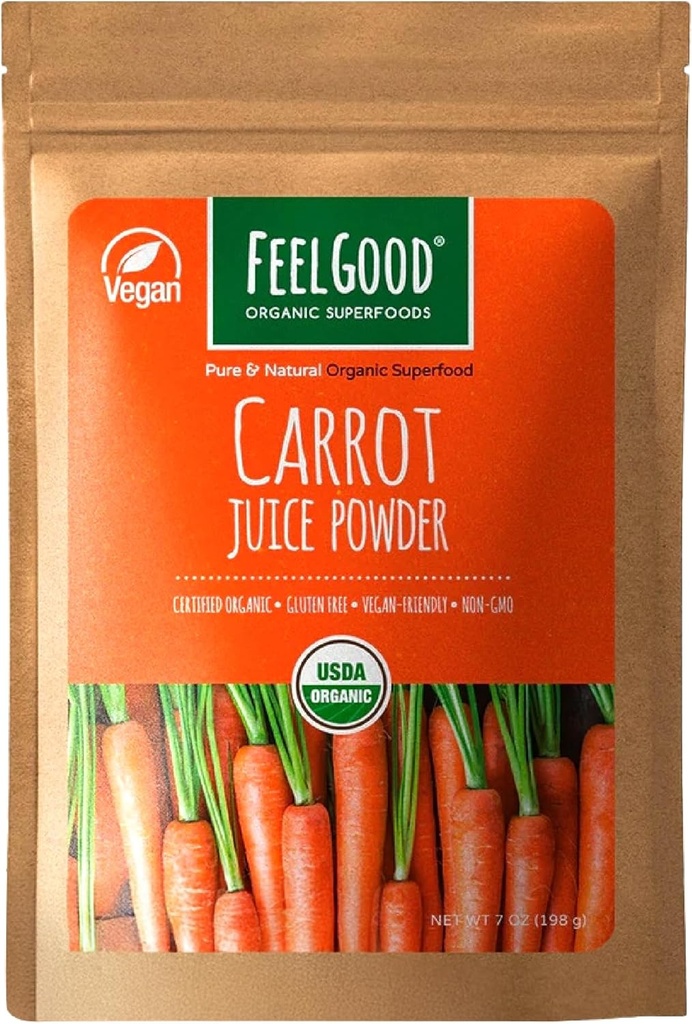 Feelgood Superfoods Carrot Juice Powder - Συμπλήρωμα υγείας για το Digestive, το δέρμα, το μάτι και το ανοσοποιητικό - Περιέχει Beta Carotene & Βιταμίνη A - 7 oz