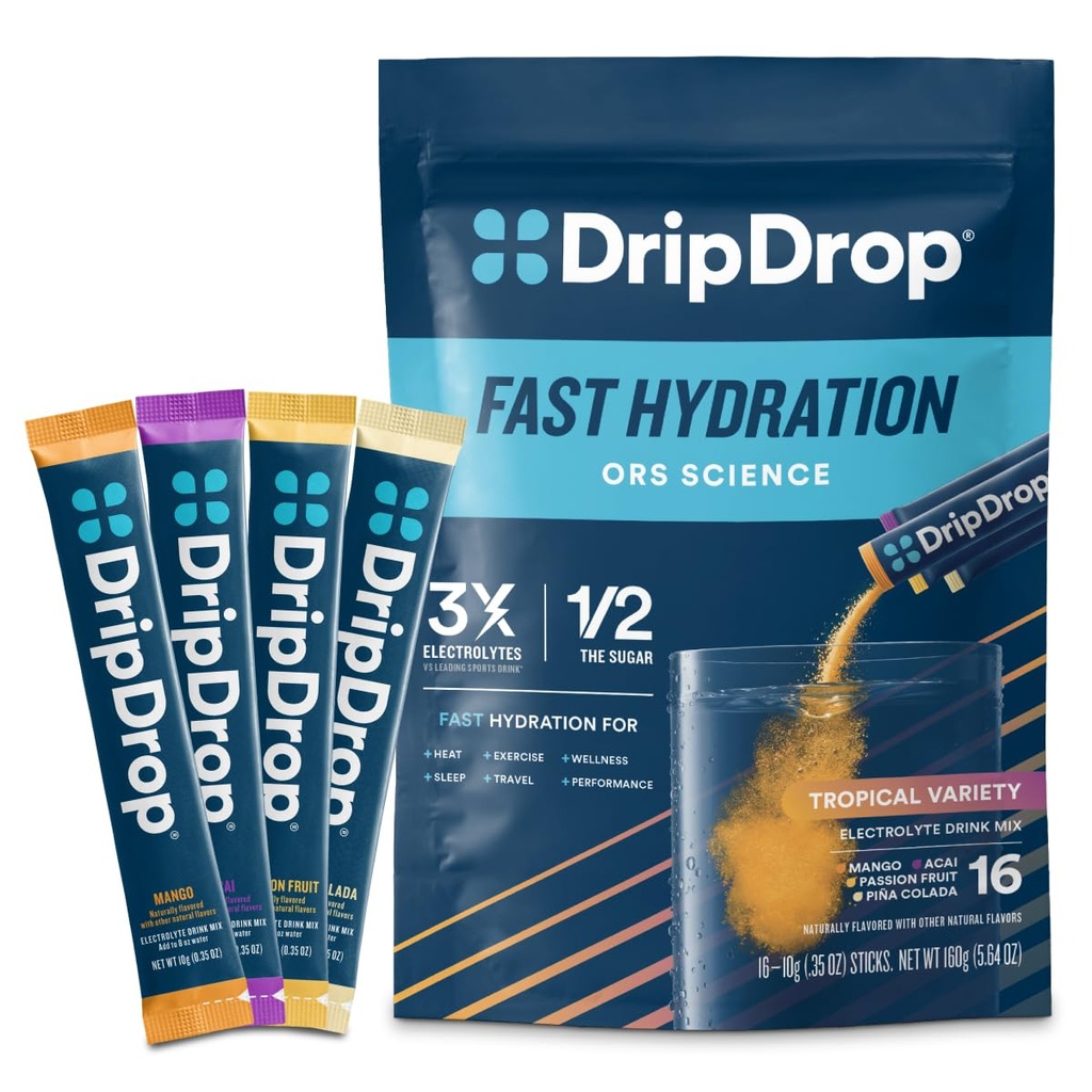 DripDrop Hydration Packets - Tropical Variety Pack - Single Σερβίρετε Ηλεκτρόλυτες Powder Drink Mix - Mango, Açaí, Πάθος Φρούτα, Piña Colada - Μη ΓΤΟ, Χωρίς Γλουτένη, Vegan - 16 Sticks