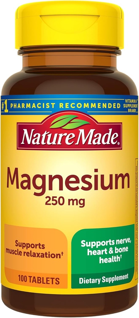 Nature Made Magnesium Oxide 250 mg, Συμπληρώματα Μαγνησίου για άνδρες και γυναίκες, Υποστήριξη για τους μυς, την καρδιά, τα οστά και τα νεύρα υγεία, 100 δισκία, 100 ημέρες προσφοράς