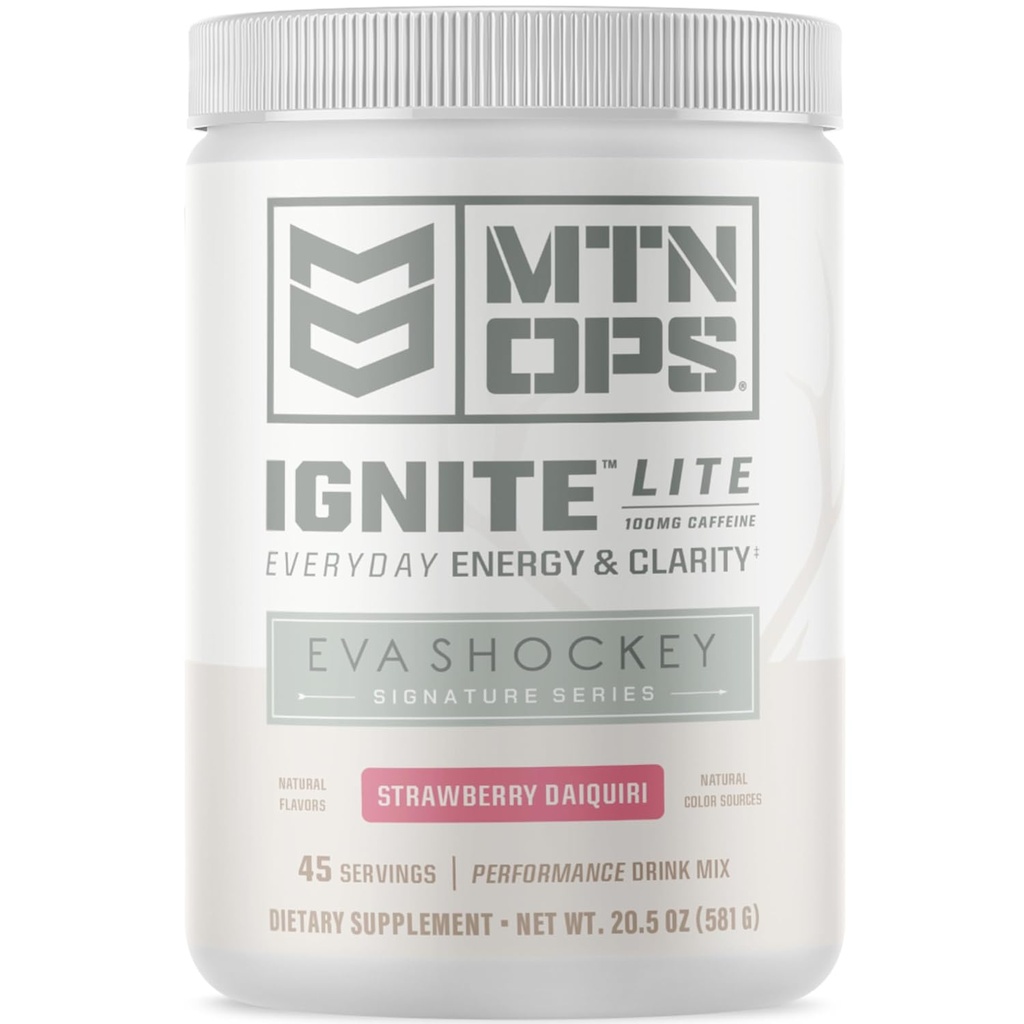 ΜΤΝ OPS Ignite Lite Energy Drink Powder Χωρίς γλουτένη Συμπλήρωμα νιτρικού οξειδίου Drink Mix, L Arginine, L Citrulline, Caffeine & Nootropic Sugar Free Drink Mix, 45 Servings, Strawberry Daiquiri Flavor by Eva Shockey