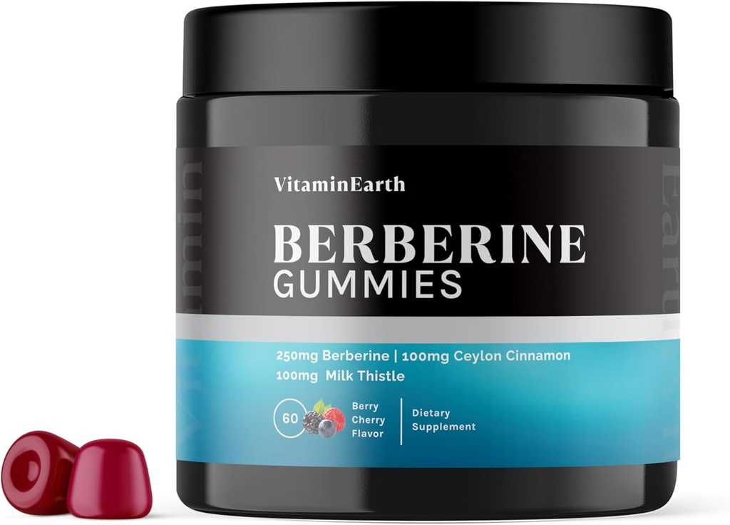 Βερβερίνη Gummies με Βερβερίνη HCL, Κεϋλάνη Κανέλα & Γάλα Γαϊδουράγκαθο για Ανοσοποιητικό και Μεταβολισμό Υποστήριξη - Berry Cherry Flavor - 60 Count