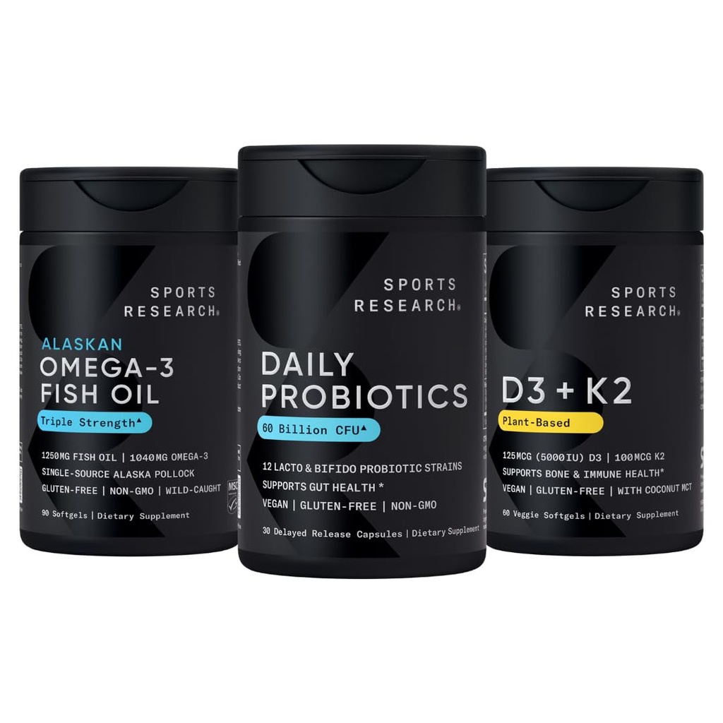 Sports Research Wild Alaskan Pollock Omega 3 Fish Oil 90 Softgels (1250 mg) + Vegan Probiotics with Prebiotics, 60 δισεκατομμύρια CFU (30 Softgels) + 5000 IU Vitamin D + 100mcg Mk7 Vitamin K (60 Softgels)