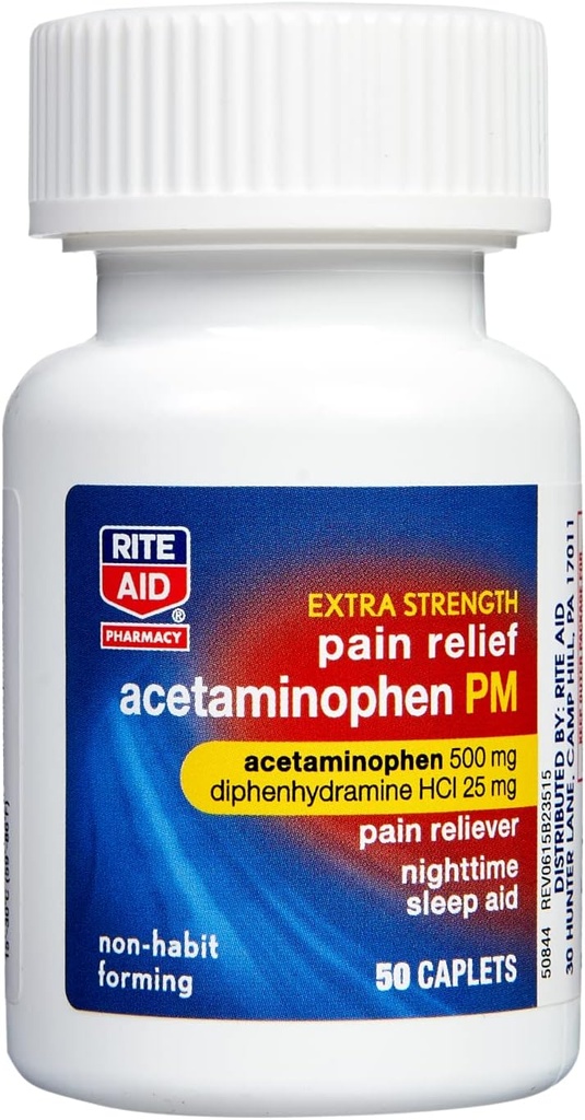 Rite Aid Extra Strength PM Αρωματικά για τον πόνο, 500mg Acetaminophen / 25mg Διφαινυδραμίνη - 50 Count 