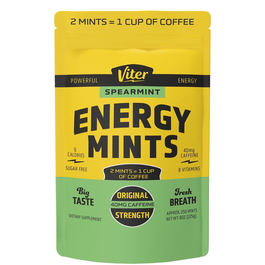 Viter Energy 40mg Μέντες καφεΐνης - Χωρίς ζάχαρη, Β Βιταμίνες, Vegan, Ενισχύει γρήγορη ενεργοποίηση Alert Focus, Καφεϊνωμένα χάπια Nootropic συμπλήρωμα (Spearmint Flavor, 8oz, Bulk Bag)