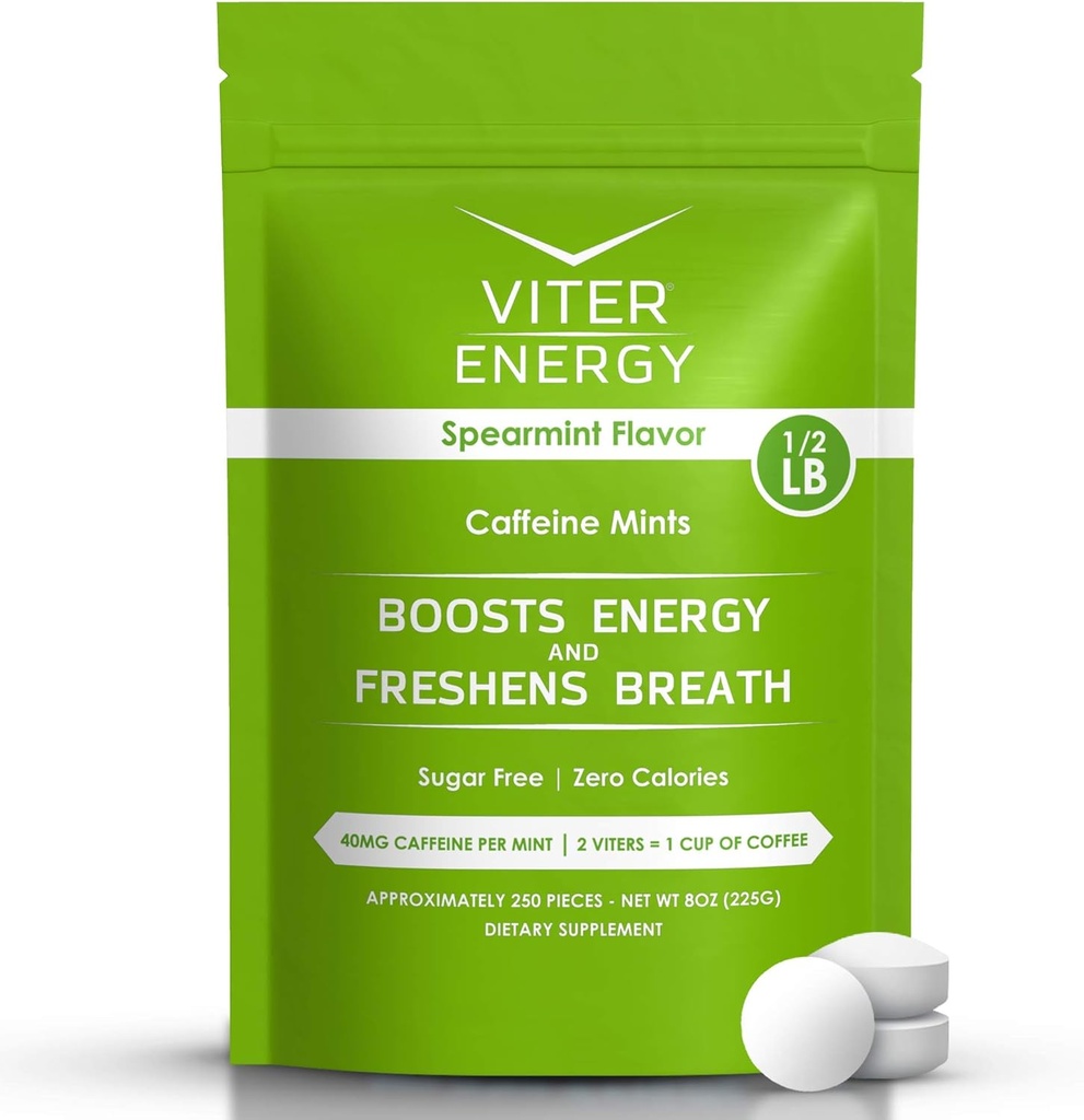 Viter Energy 40mg Caffeine Mints - Sugar Free, B Vitamins, Vegan, Boosts Fast Energized Alert Focus, Caffeinated Nootropic Supplement Pills (Spearmint Flavor, 8oz, Bulk Bag)