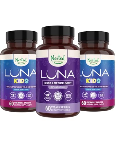 Φωλιασμένα φυσικά Luna Kids συμπλήρωμα ύπνου (60 Μασώμενα δισκία) & Luna Natural Sleep Aid (60 Vegan Κάψουλες)