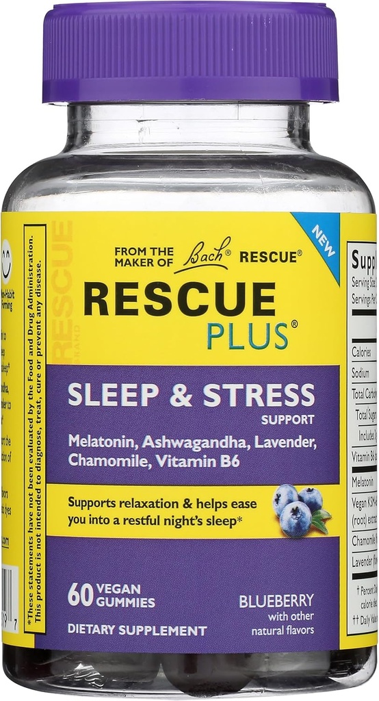 Bach Rescue Plus Sleep & Stress Support Gummies, Nighttime Dietary Supplement with 1mg Melatonin, Ashwagandha, Χαμομήλι, Λεβάντα & Βιταμίνη B6, 60 Gummies (Pack of 3)