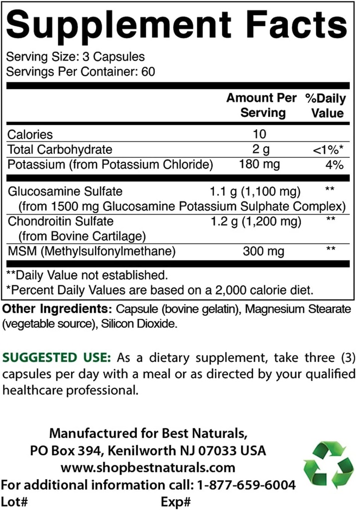 Best Naturals Γλυκοσαμίνη Χονδροϊτίνη και MSM & βιταμίνη D3 2000 IU