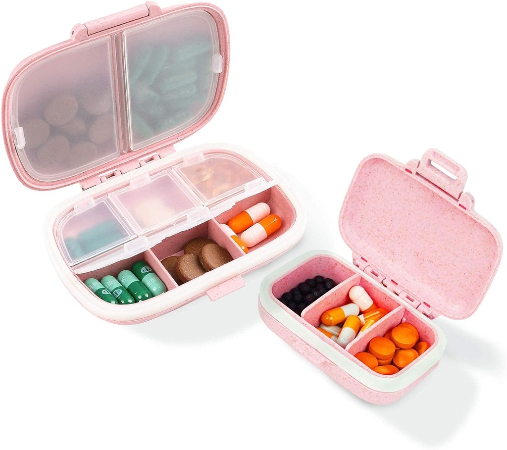 2 Pack Pill υπόθεση Organizer, κουτί χάπια ταξιδιού με ετικέτα, καθημερινή περίπτωση οργανωτής ιατρικής, αδιάβροχη θήκη δοχείου τσέπης, φορητό ροζ συμπλήρωμα θήκη δοχείου ιατρικής για τη βιταμίνη