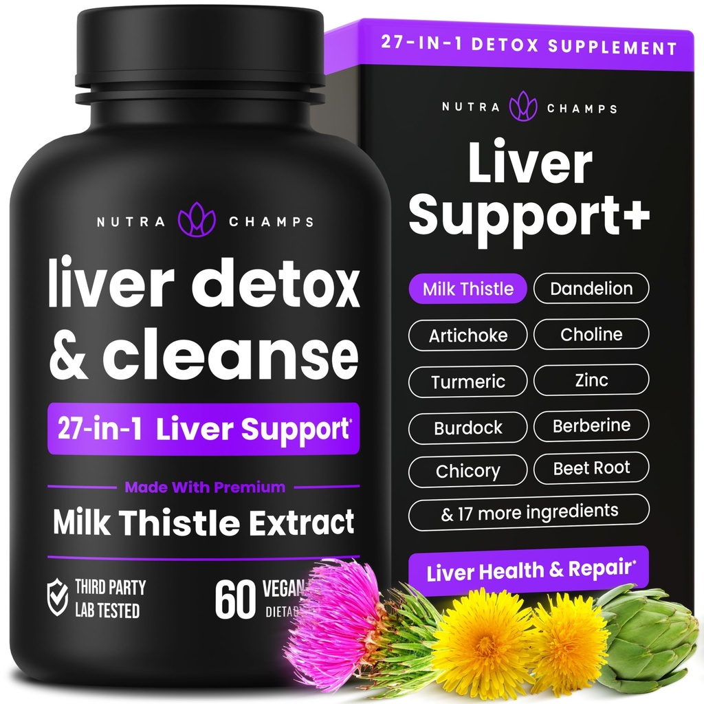 NutraChamps Liver Cleanse Detox & Repair Formula, 20+ Herbs: Εκχύλισμα γαϊδουράγκαθου γάλακτος με Silymarin, Artichoke, Dandelion, Chicory Root Powder, συμπλήρωμα χαπιών στήριξης ήπατος, 60 κάψουλες