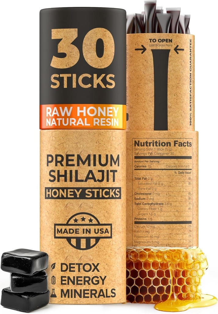 NATURAL SHILAJIT Honey Sticks - Shilajit Resin with Raw Honey, Fulvic Acid & Trace Minerals, Plant Based Nutrients for Energy, Immune Support & Vitality - 30 Shilajit Sticks