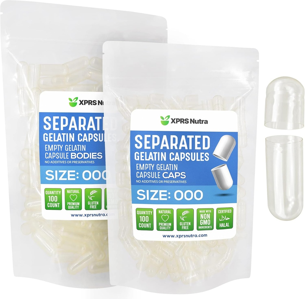 XPRS Nutra Χωριστές κάψουλες Μέγεθος 000-100 Μετρήσεις Μεγάλες Κενές κάψουλες Ζελατίνης Χωρίζονται σε τσάντες - Premium Καθαρισμός Κενά 1000 Χάπια για συμπλήρωμα DIY πλήρωσης