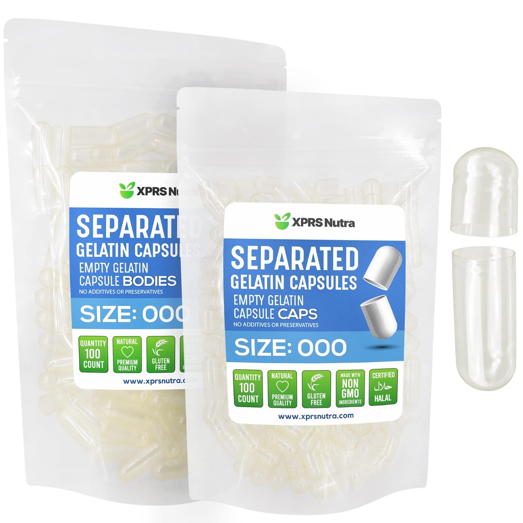 XPRS Nutra Separated Capsules Size 000-100 Count Large Empty Gelatin Capsules Separated in Bags - Premium Clear Empty 000 Pills for DIY Supplement Filling