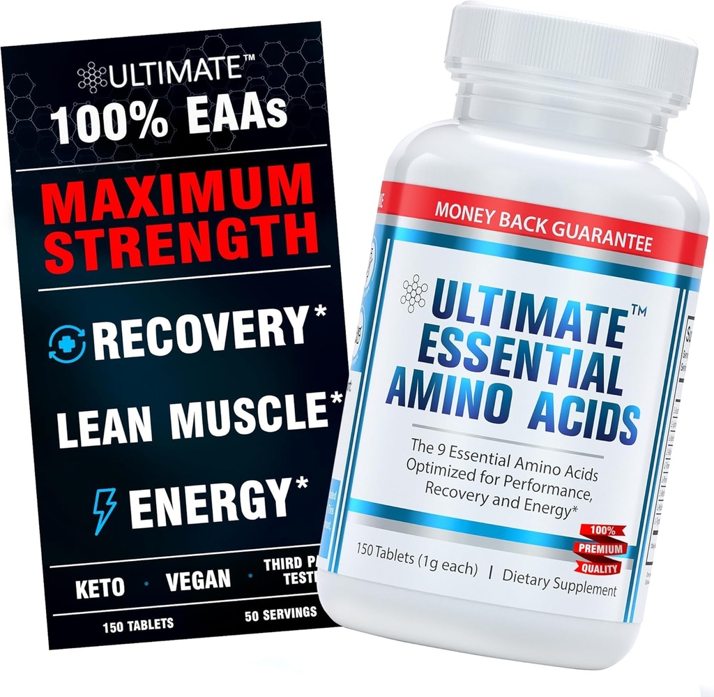 Ultimate 100% Essential Amino Acid Supplement - 150 Easy-to-Swallow, 1g Coated Tablets - All 9 EAA with 40% Leucine in Optimized BCAA Ratio - Increase Energy, Lean Muscle & Recovery - Keto & Vegan