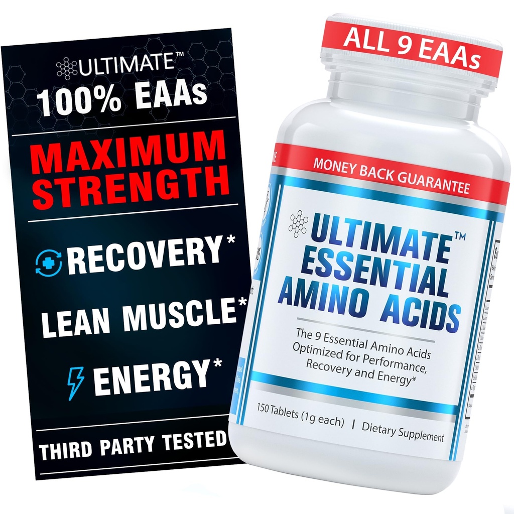 Ultimate Essential Amino Acids συμπλήρωμα για την κοπή, νηστεία & προπονήσεις, Όλα 9 EAAs, 3000mg, 40% Leucine, 4:1:1 BCAA Ratio, Binder-free με οργανική επικάλυψη, Vegan, Keto, Non- GMO, 150 δισκία