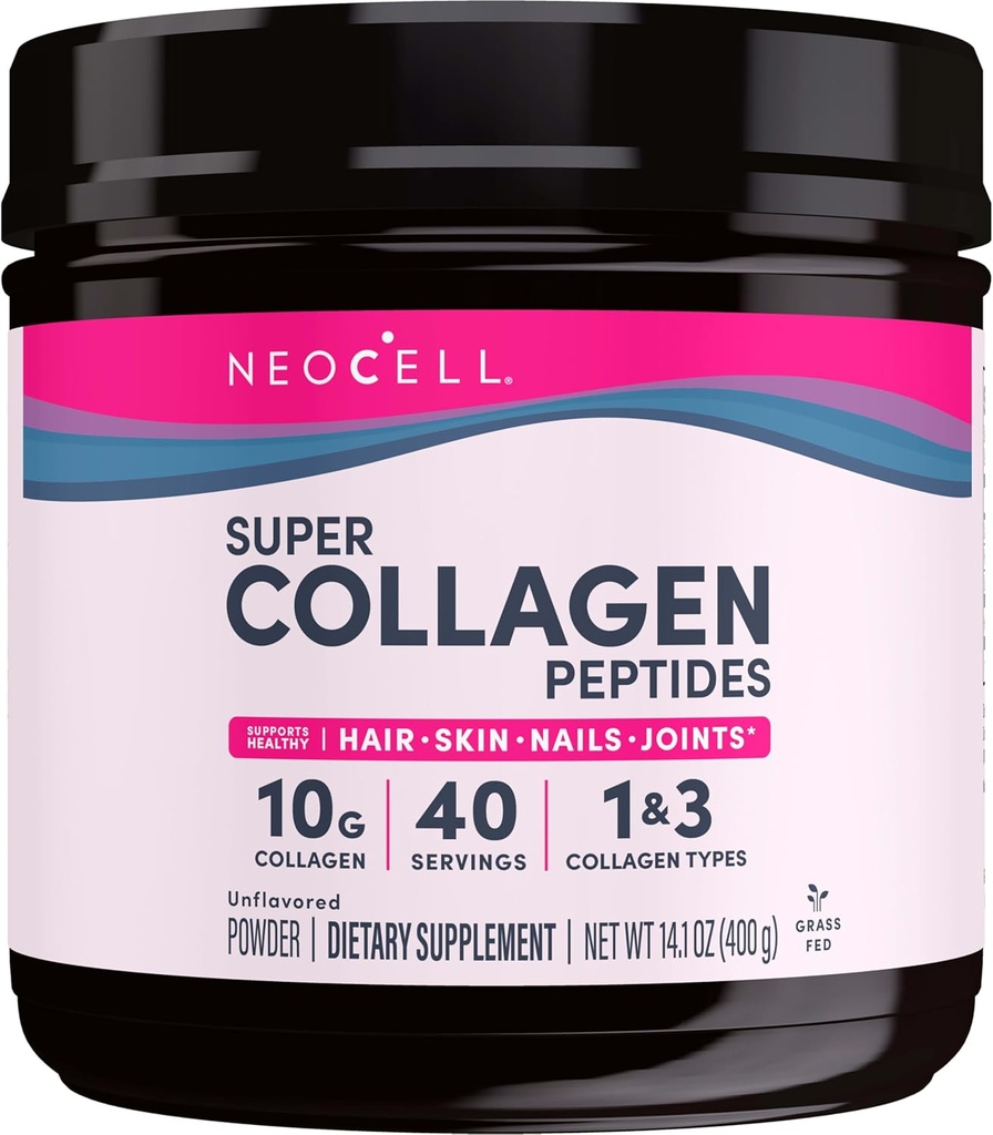 NeoCell Super Collagen Peptides, 10g Collagen Peptides per Serving, Gluten Free, Keto Friendly, Non-GMO, Grass Fed, Healthy Hair, Skin, Nails and Joints, Unflavored Powder, 14,1 oz., 1 Canister