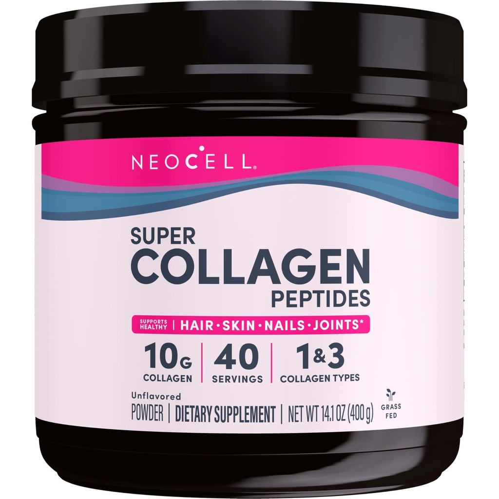 NeoCell Super Collagen Peptides, 10g Collagen Peptides per Serving, Gluten Free, Keto Friendly, Non-GMO, Grass Fed, Healthy Hair, Skin, Nails and Joints, Unflavored Powder, 14,1 oz., 1 Canister