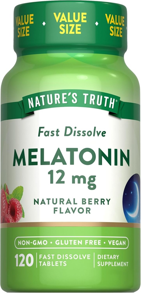 Nature's Truth Melatonin Tablets | 12mg | 120 Count | Natural Berry Flavor | Fast Dissolve | Vegan, Non-GMO & Gluten Free Supplement