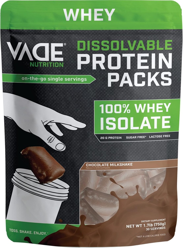 VADE Nutrition Disolvable Protein Packs - 100% Whey Isolate Protein Powder Milkshake - Χαμηλό υδατικό διάλυμα, χαμηλή θερμίδα, Χωρίς λακτόζη, Χωρίς ζάχαρη, χωρίς λίπος, χωρίς γλουτένη - 30 πακέτα για να πάτε
