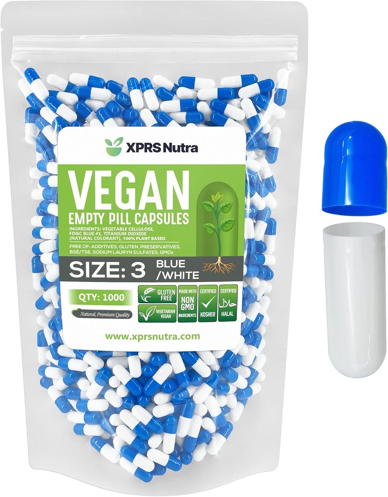 XPRS Nutra Size 3 Empty Capsules - 1000 Count Vegan Capsules - Vegetarian Pills - DIY Vegetable Capsule Filling - Veggie Pill Caps (Blue/White)