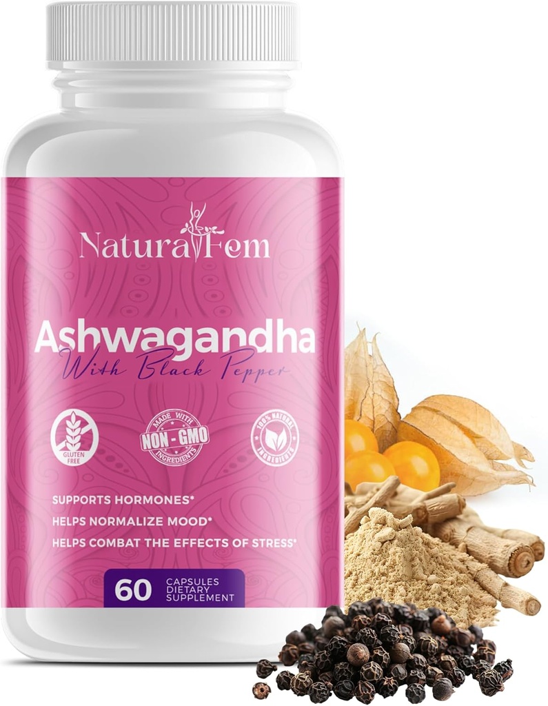 Naturalfem Ashwagandha Συμπληρώματα για γυναίκες με Μαύρο Πιπέρι - Διαχείριση στρες, Ορμόνη & Mood Υποστήριξη συμπλήρωμα - Χωρίς γλουτένη, 1300 mg. 60 κάψουλες λαχανικών