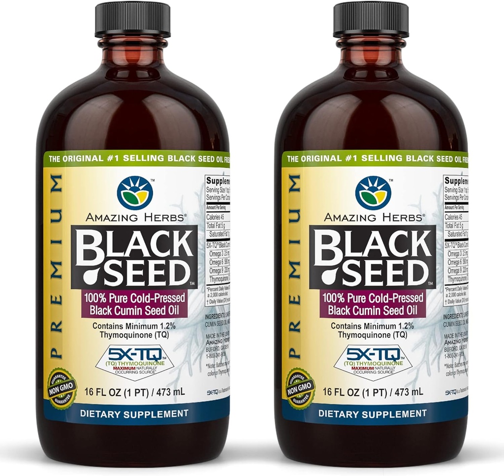 Amazing Herbs Premium Black Seed Oil - Χωρίς γλουτένη, μη ΓΤΟ, Ψυχρό Πιέζεται Nigella Sativa Aids σε Digestive Υγεία, Ανοσοποιητική Υποστήριξη, λειτουργία εγκεφάλου, Κοινή Κινητικότητα - 16 FL Oz (Pack of 2)