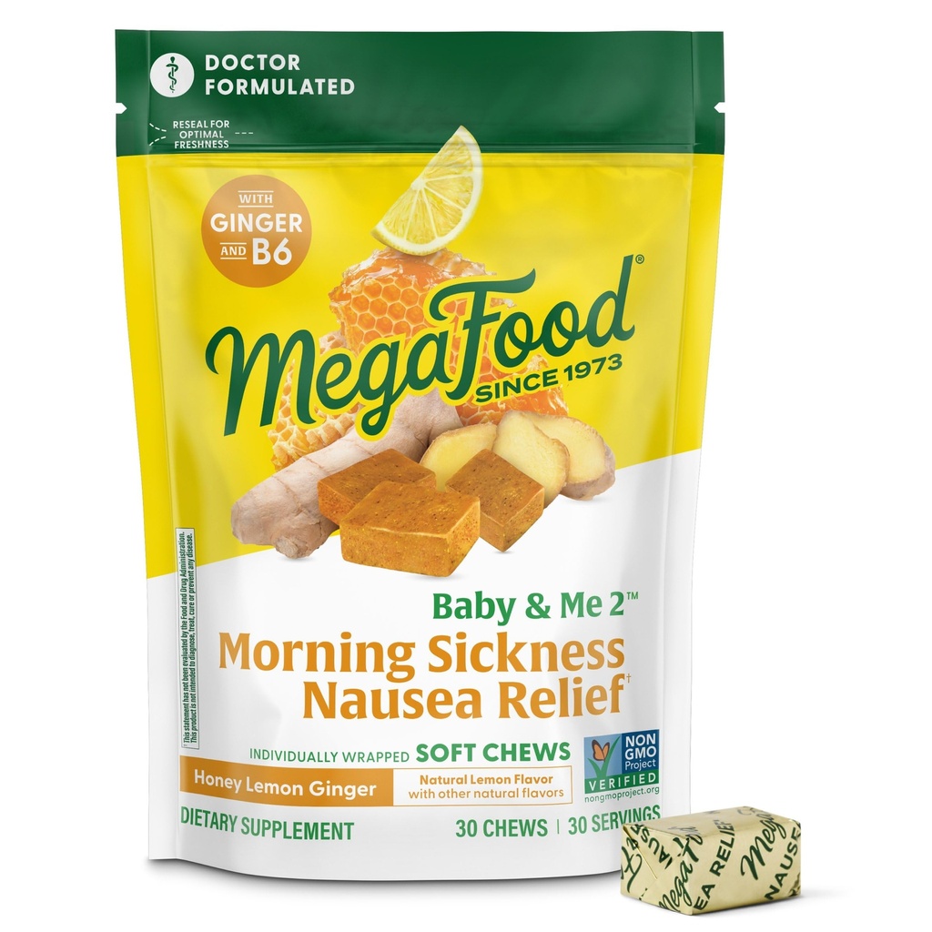 MegaFood Baby & Me Προγεννητική Πρωινή Αρωγή Ασθένειας, Τσίχλες Τζίντζερ, με Βιταμίνη Β6, Made Without 9 Food αλλεργιογόνα, Μέλι Lemon Ginger Γεύση, 30 Chews